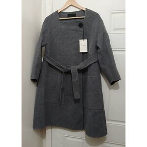 Mali studio womens small square neck flare wool belted long coat gray